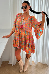 Naya Coral Boho Silk Mini Dress