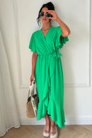 Tyla Green Chiffon Tie Side Frill Maxi Dress