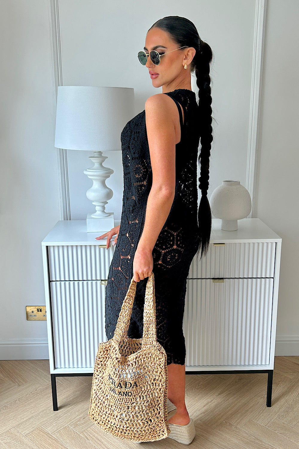 Dahlia Black Sleeveless Crochet Midi Dress