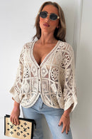 Naomi Beige Crochet Button Cardigan
