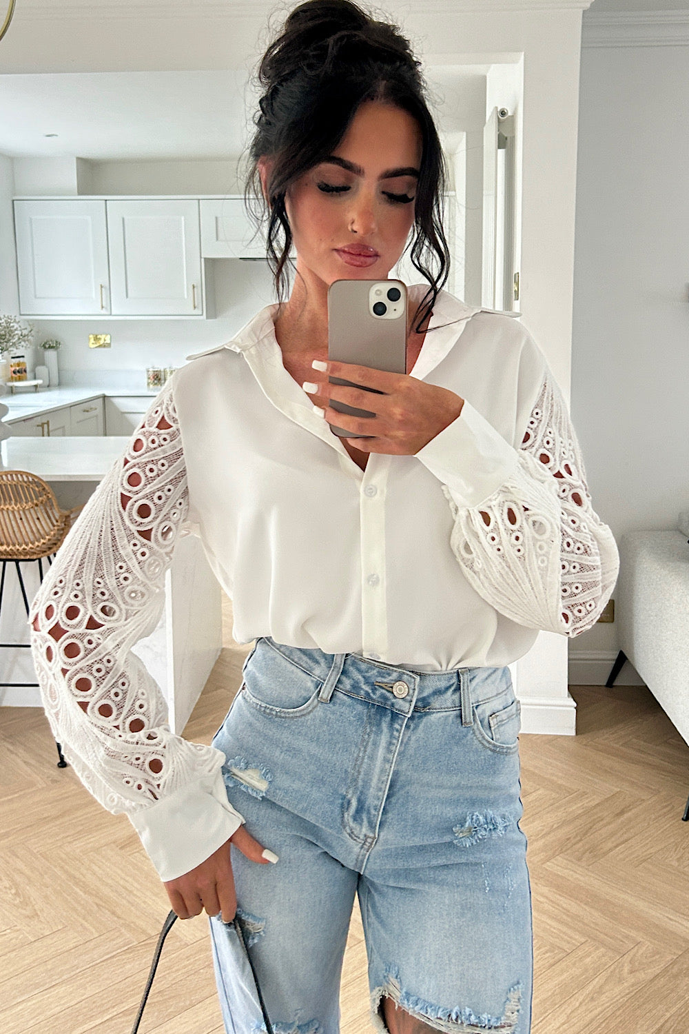 Amanda White Crochet Sleeve Shirt