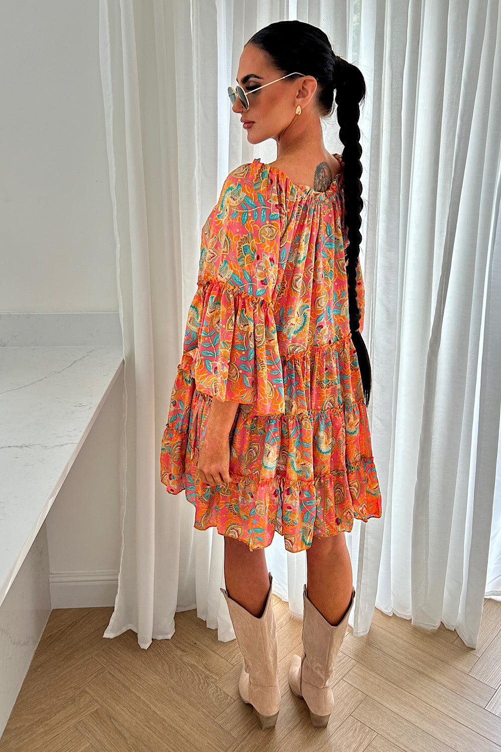 Naya Coral Boho Silk Mini Dress