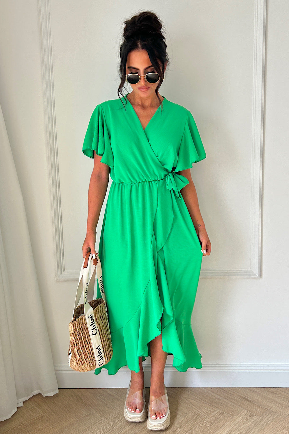 Tyla Green Chiffon Tie Side Frill Maxi Dress