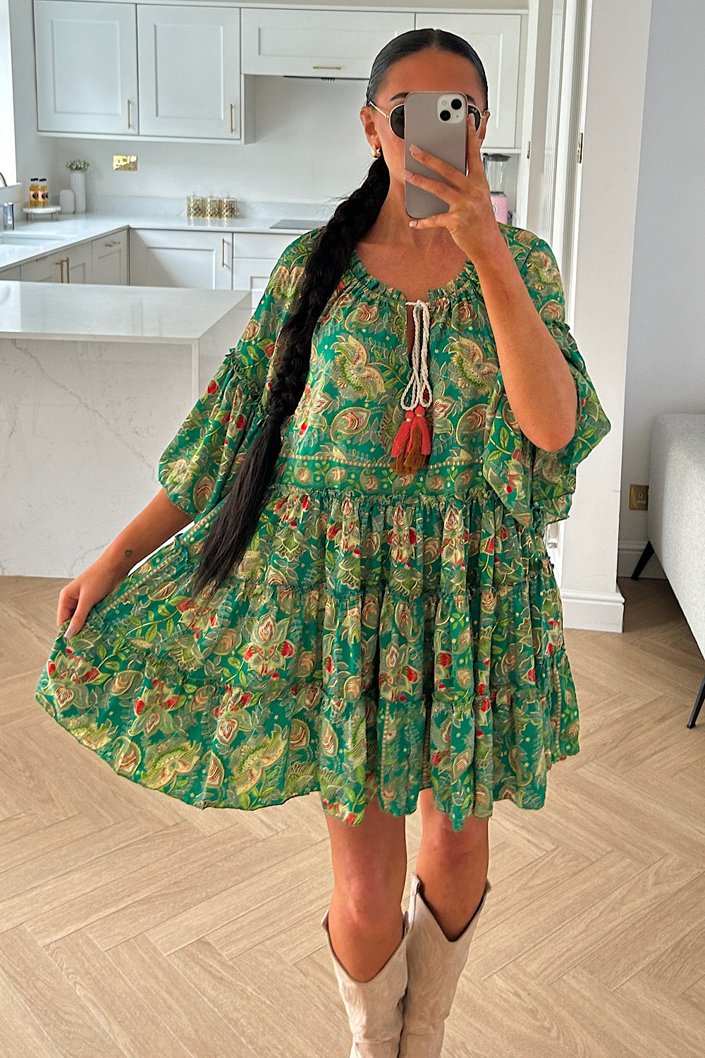 Naya Green Boho Silk Mini Dress