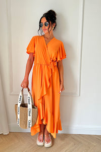 Tyla Orange Chiffon Tie Side Frill Maxi Dress