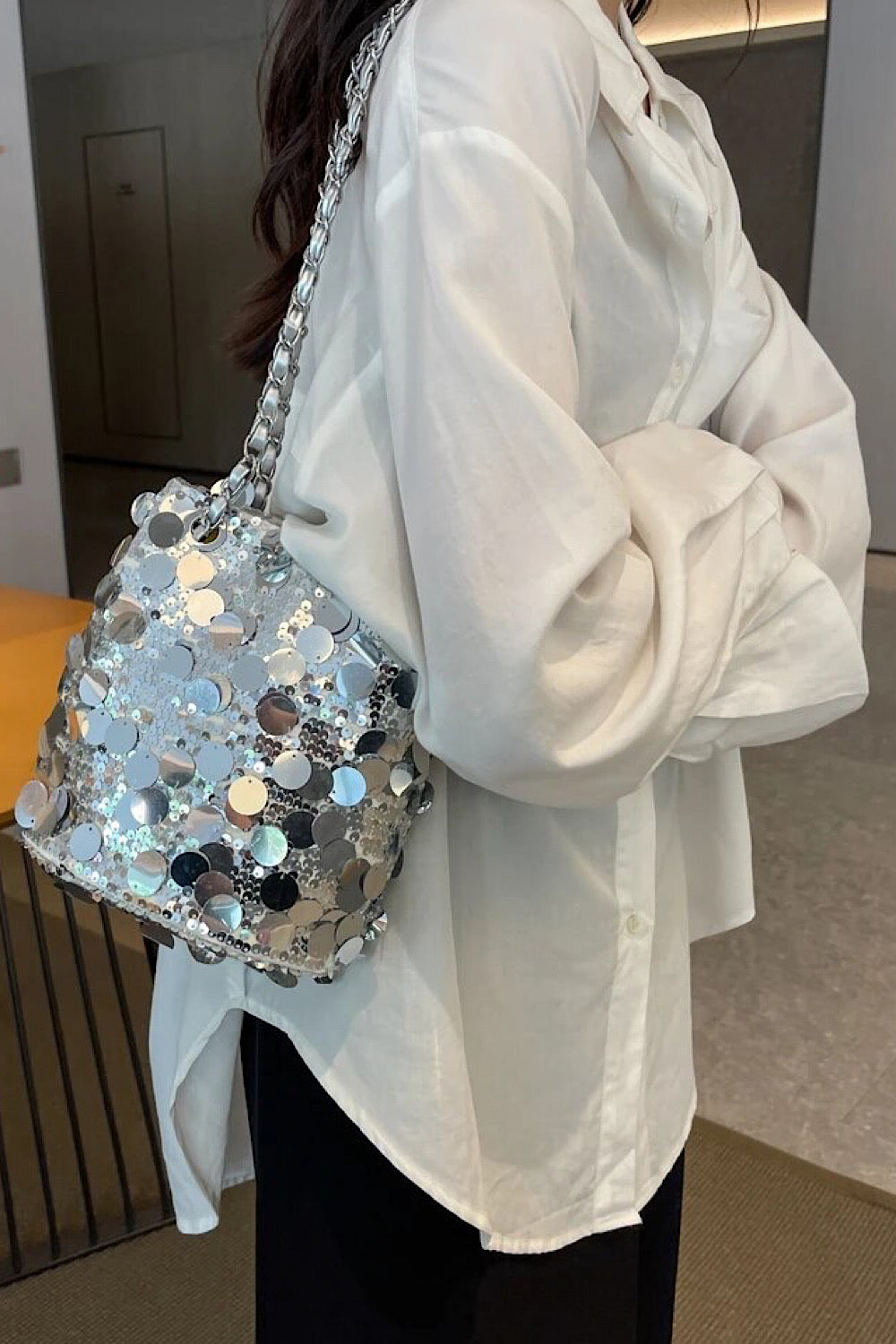 Allie Silver Sequin Disc Bag
