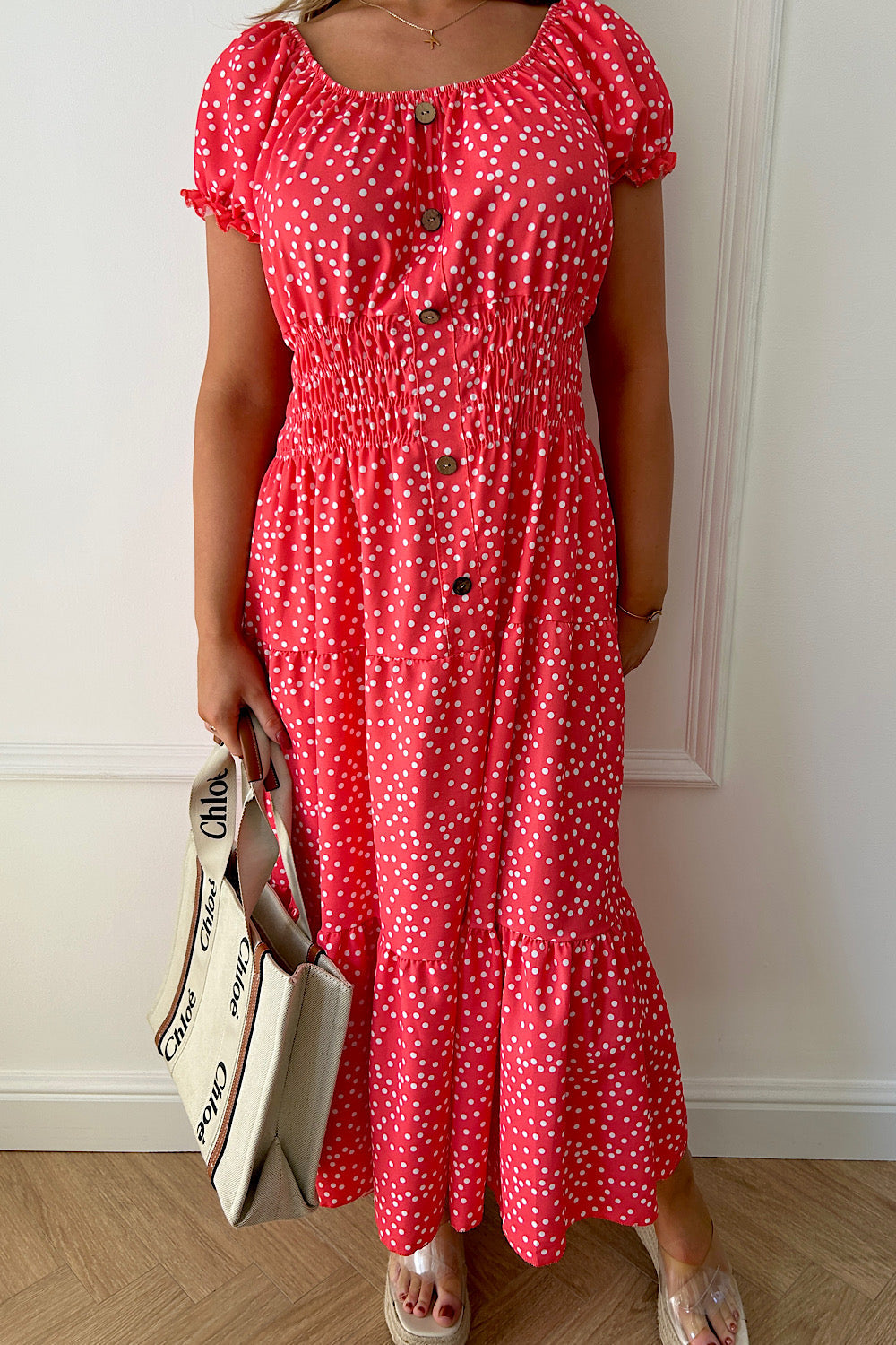 Sian Coral Polka Dot Button Maxi Dress