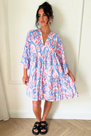 Amber Blue Abstract Button Smock Dress