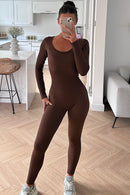 Capri Chocolate Brown Ribbed Long Sleeve Contoured Jumpsuit