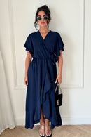 Tyla Navy Blue Chiffon Tie Side Frill Maxi Dress