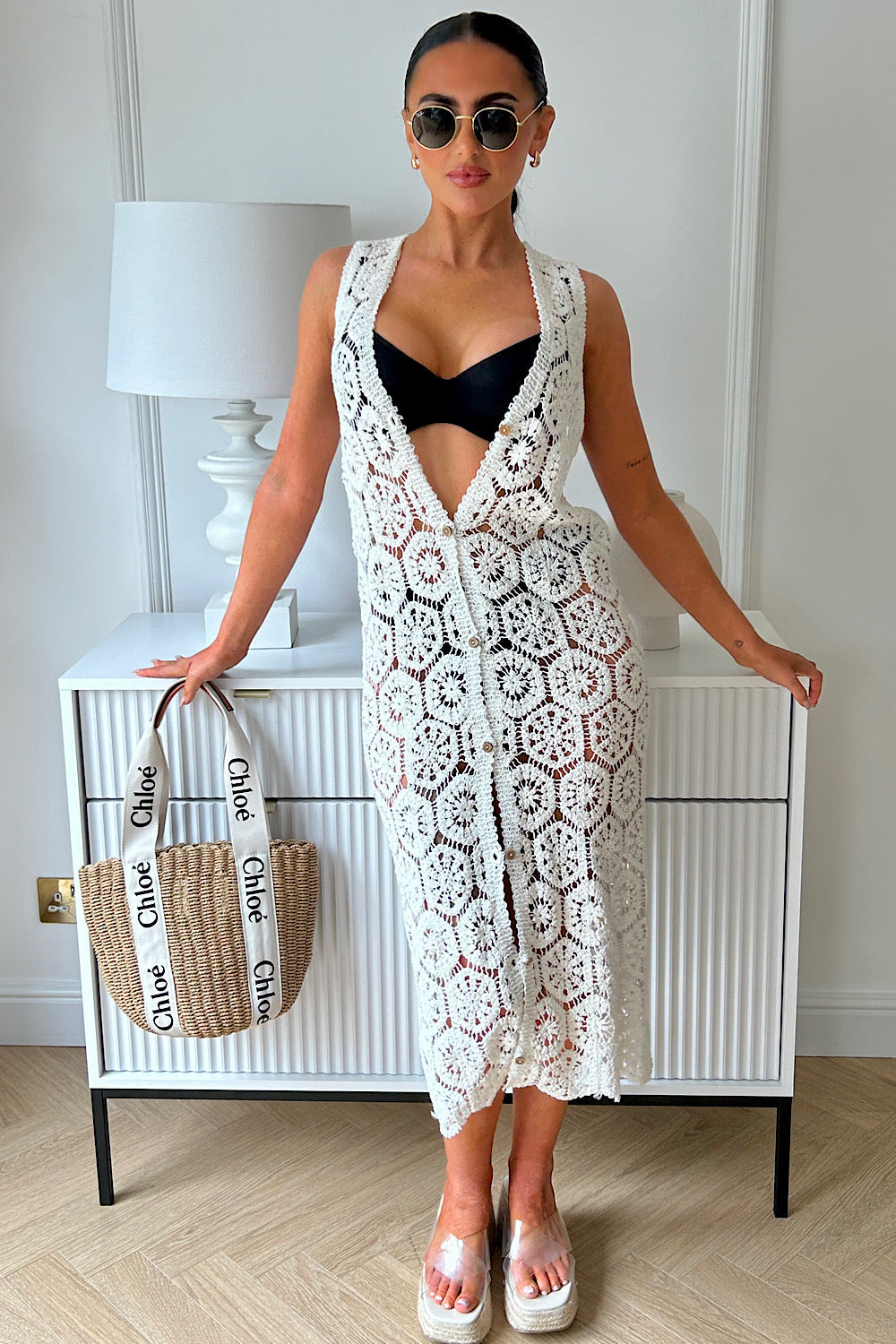 Dahlia White Sleeveless Crochet Midi Dress