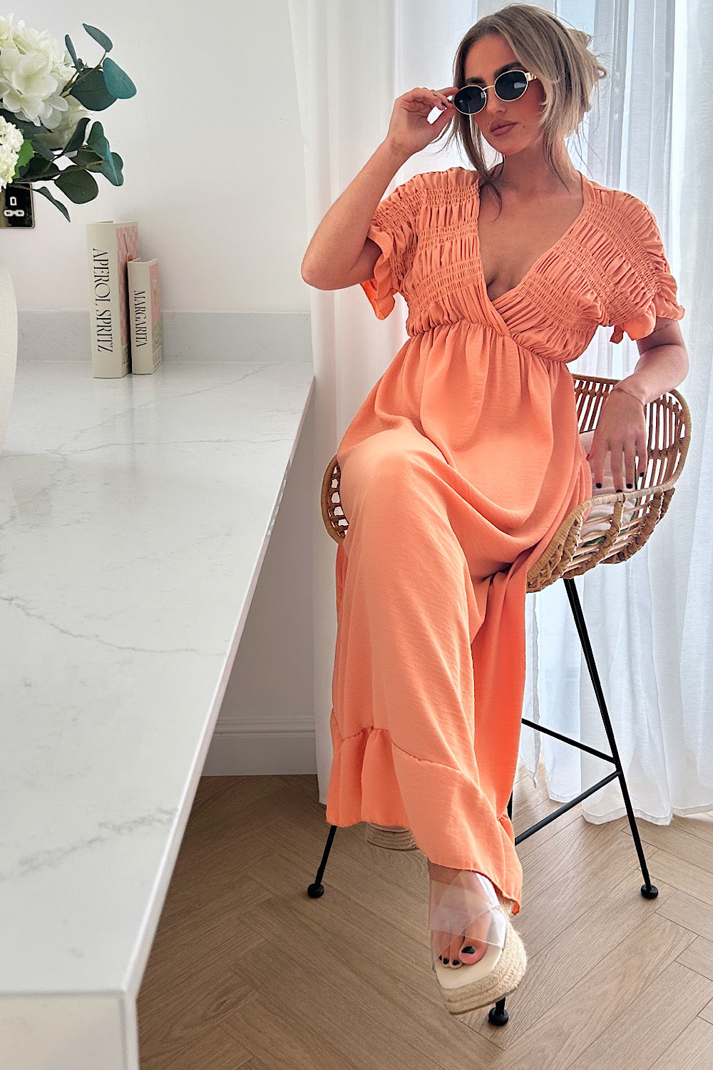 Elycia Peach Ruched Maxi Dress