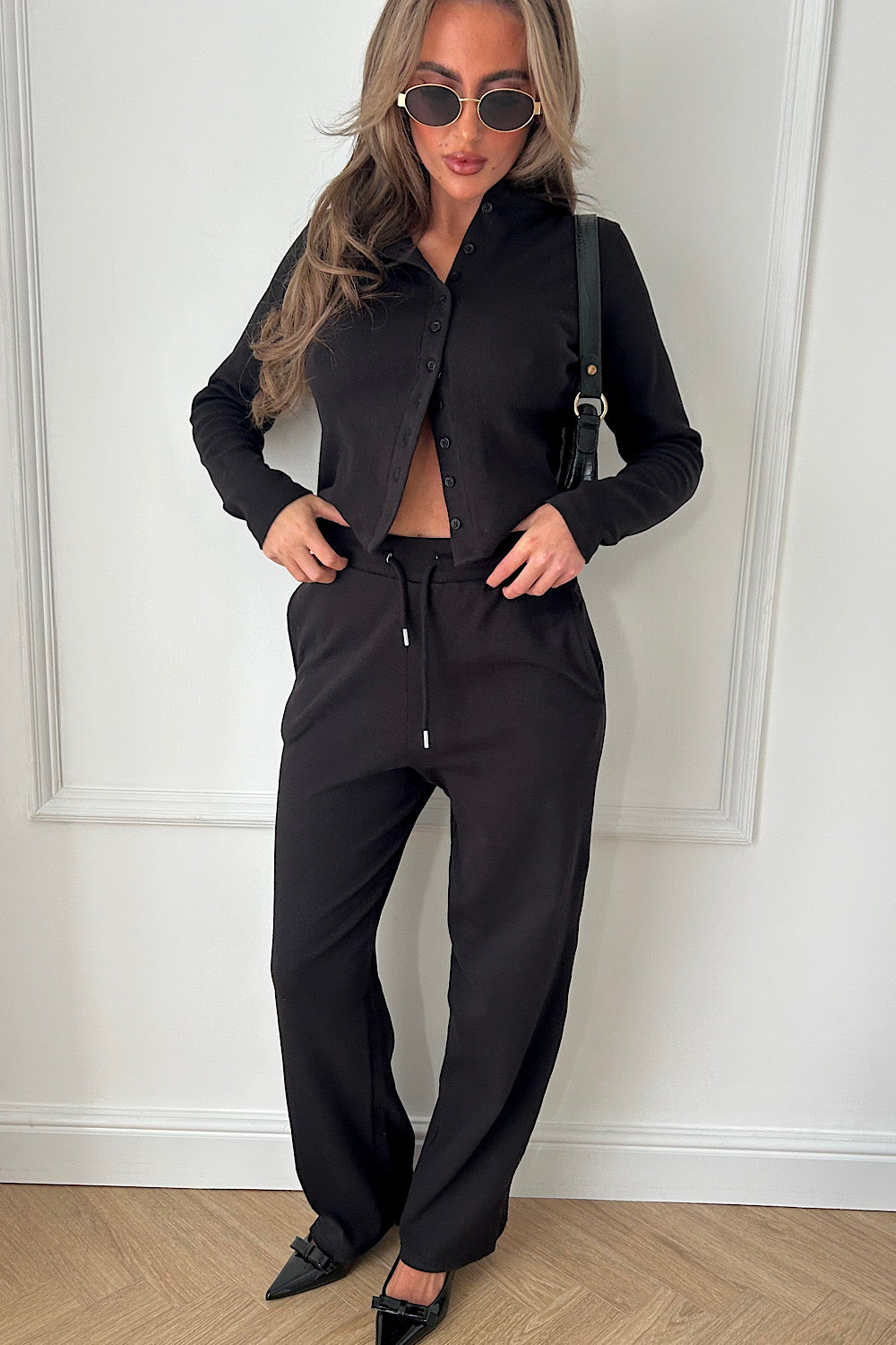 Tia Black Ribbed Button Trouser Co-ord