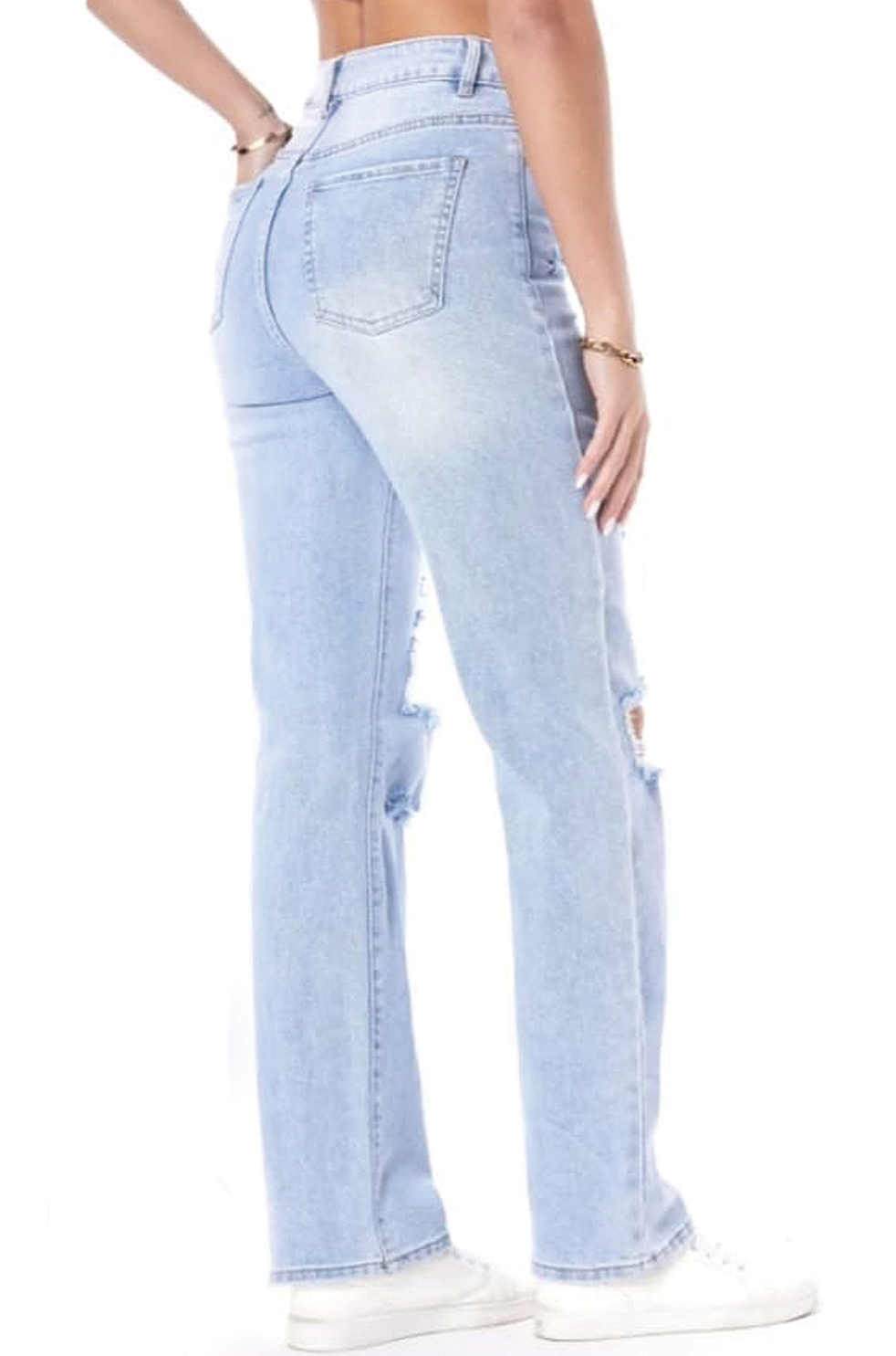 Blue Light Wash Distressed Straight Leg Jeans