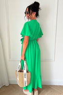 Tyla Green Chiffon Tie Side Frill Maxi Dress