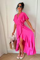 Tyla Pink Chiffon Tie Side Frill Maxi Dress