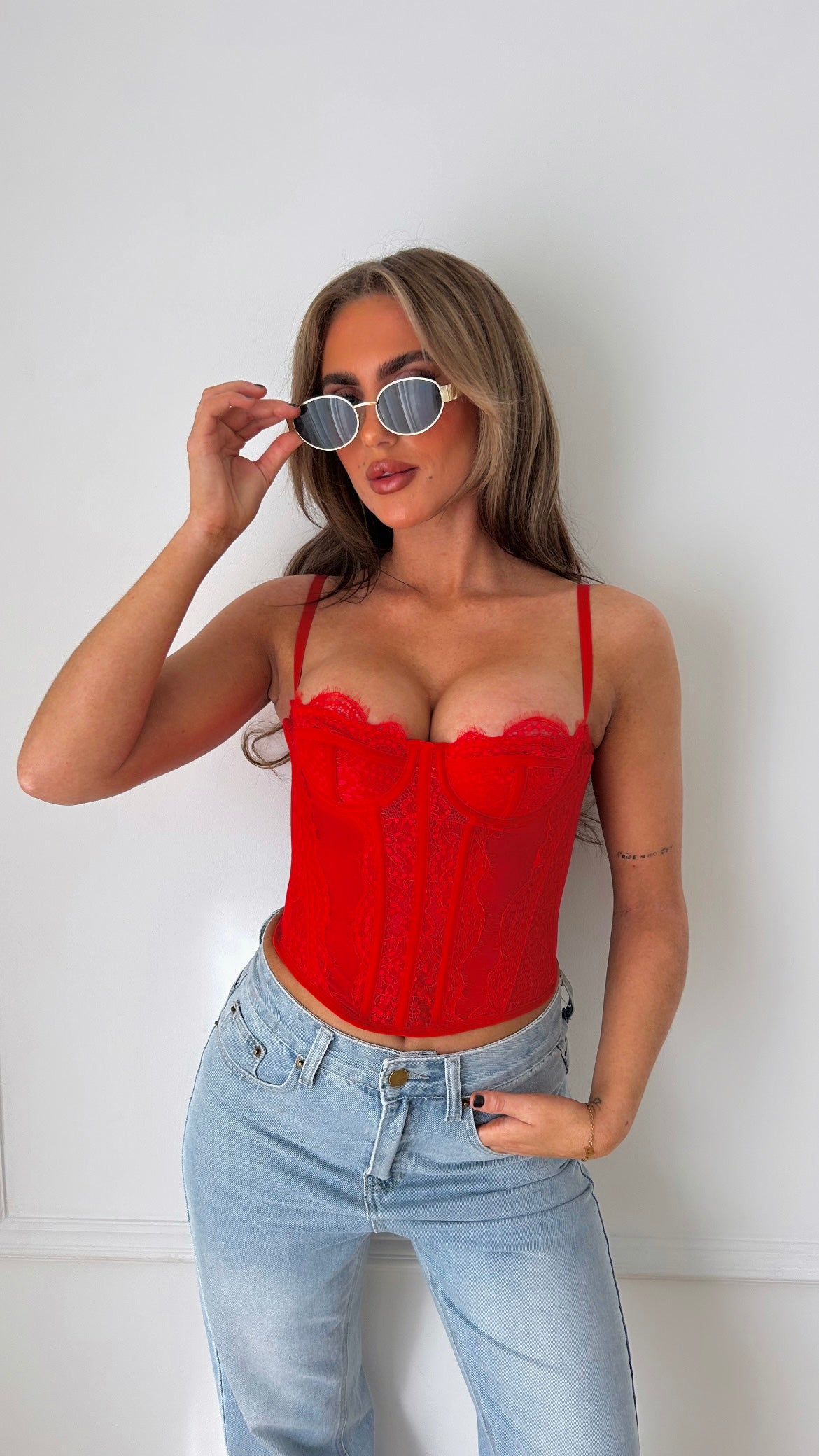 Myra White/Red Lace Corset Top