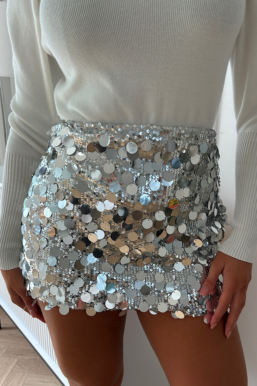 Fabio Silver Sequin Disc Mini Skirt