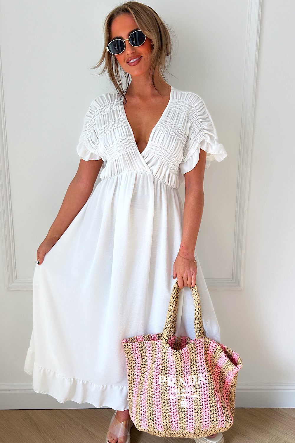 Elycia White Ruched Maxi Dress