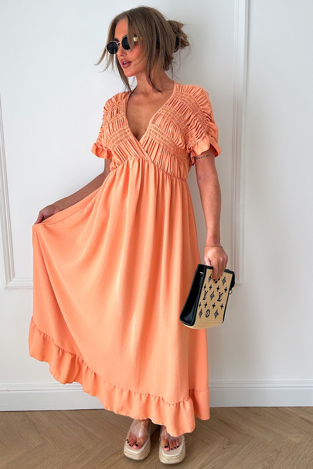 Elycia Peach Ruched Maxi Dress