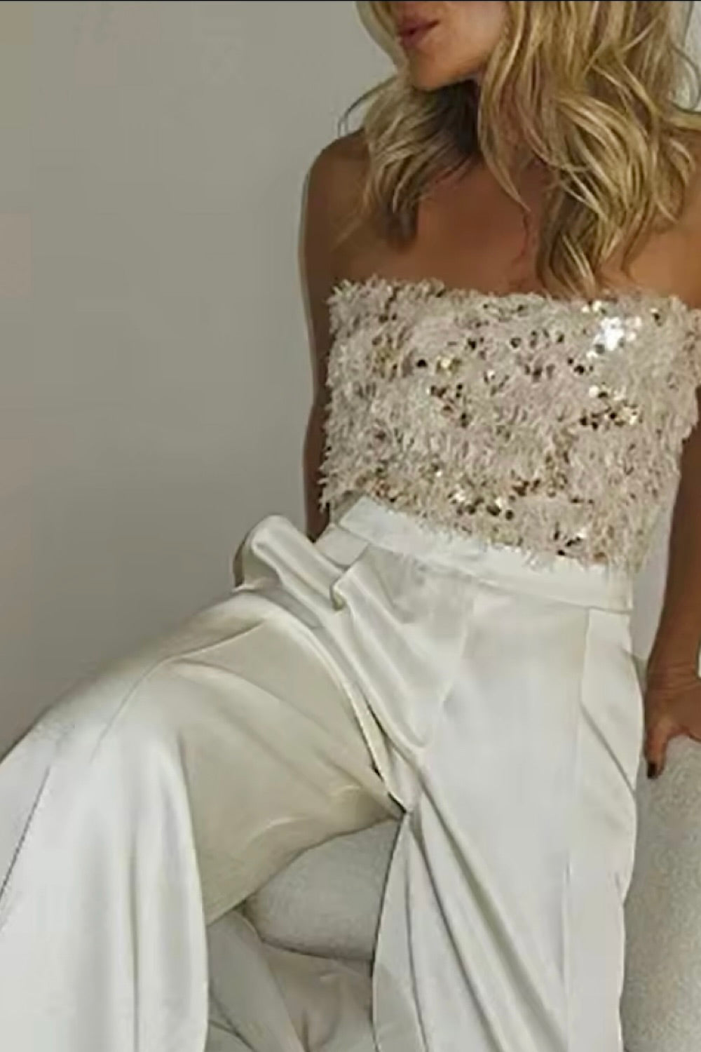 Rosa Beige Sequin Bandeau Crop Top