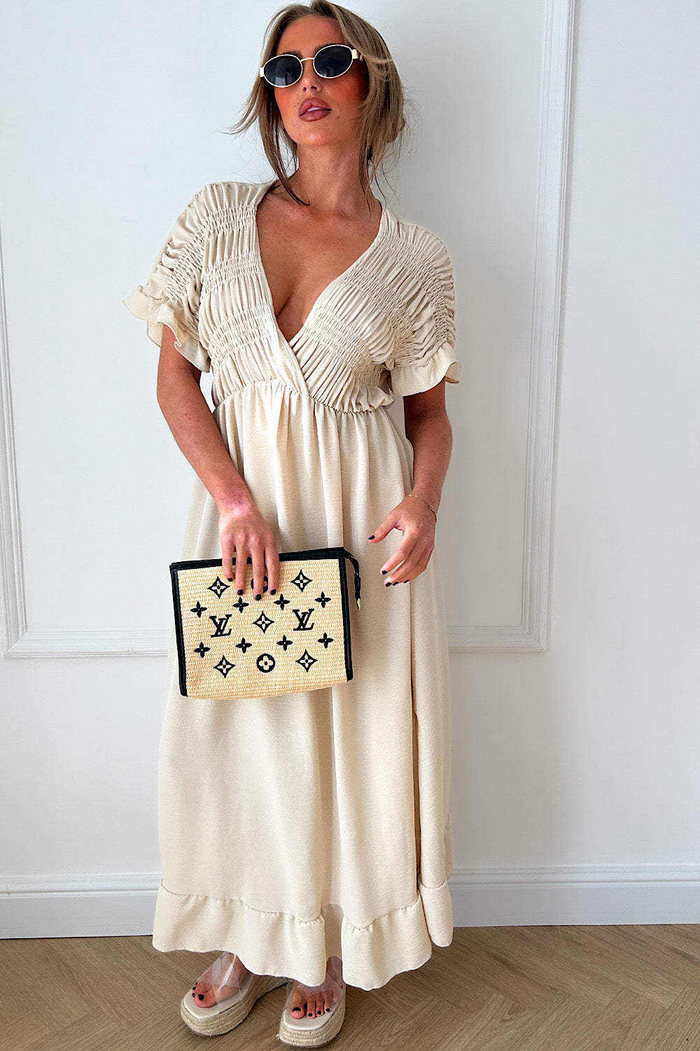 Elycia Beige Ruched Maxi Dress