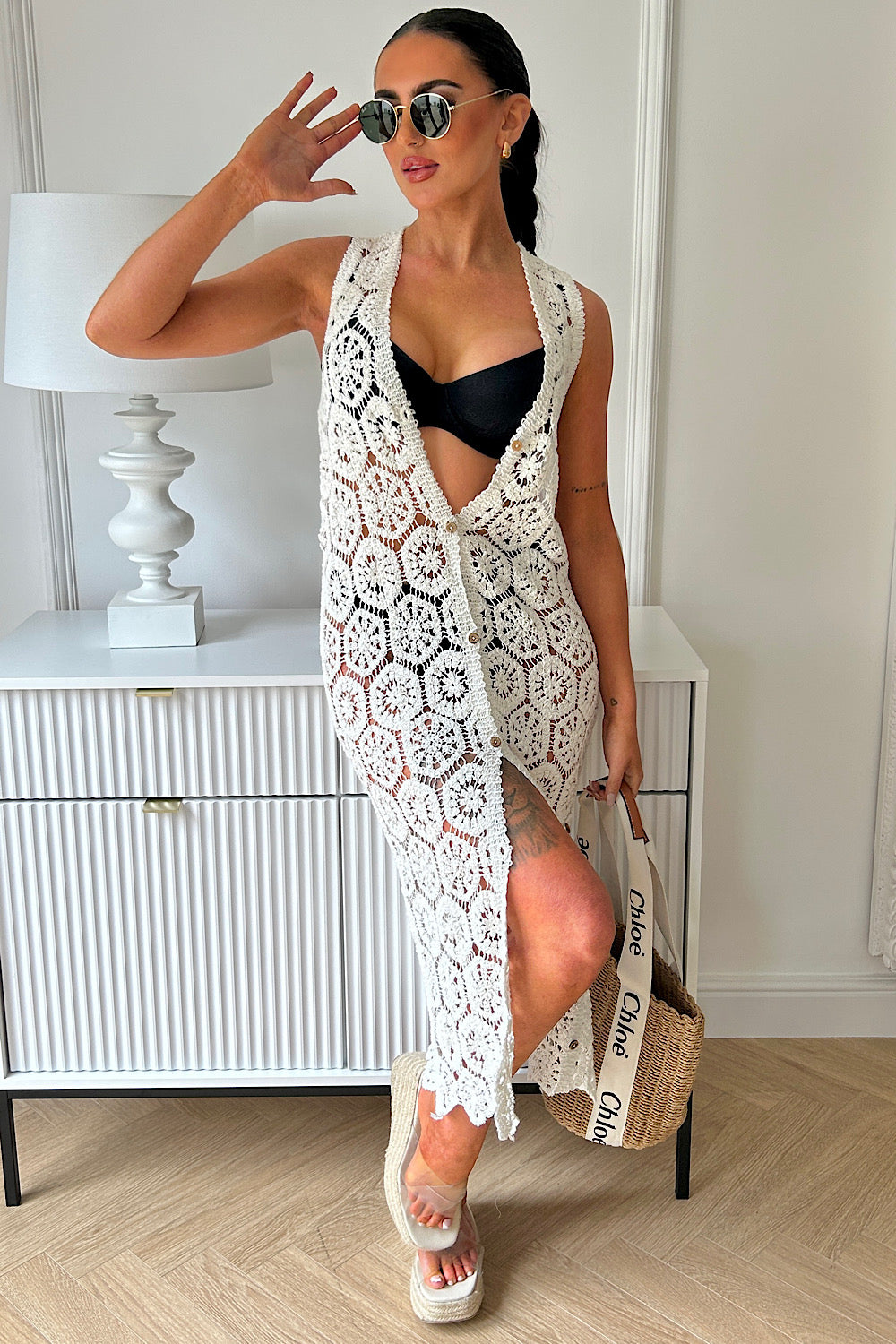 Dahlia White Sleeveless Crochet Midi Dress