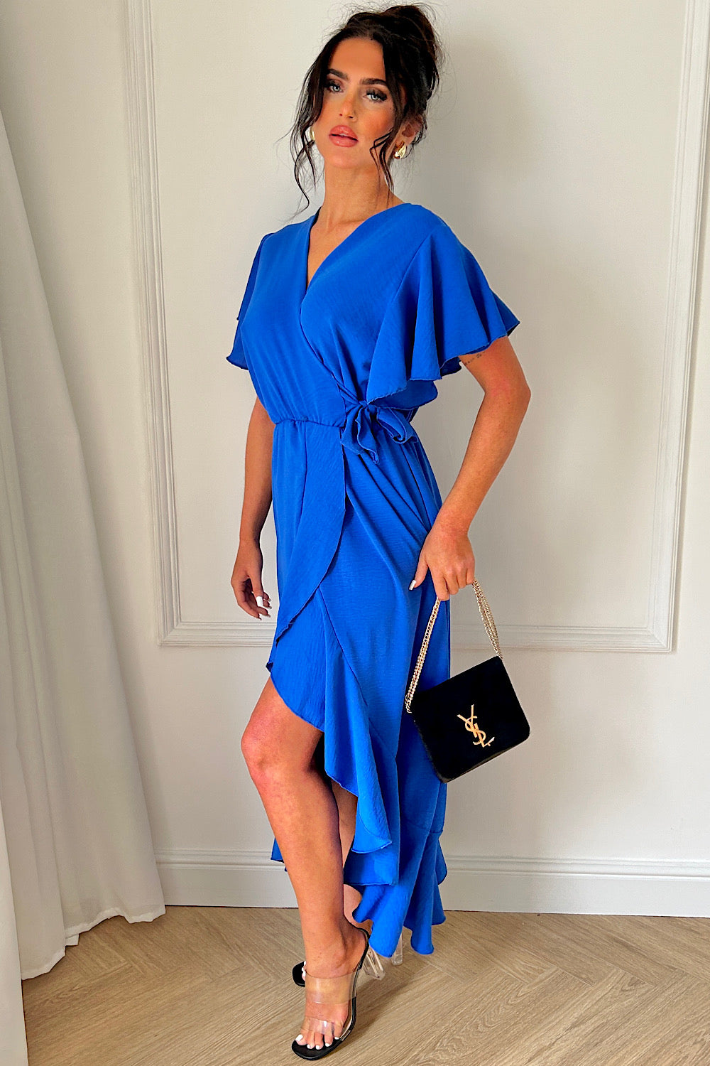 Tyla Royal Blue Chiffon Tie Side Frill Maxi Dress