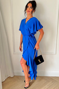 Tyla Royal Blue Chiffon Tie Side Frill Maxi Dress