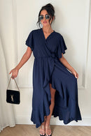 Tyla Navy Blue Chiffon Tie Side Frill Maxi Dress