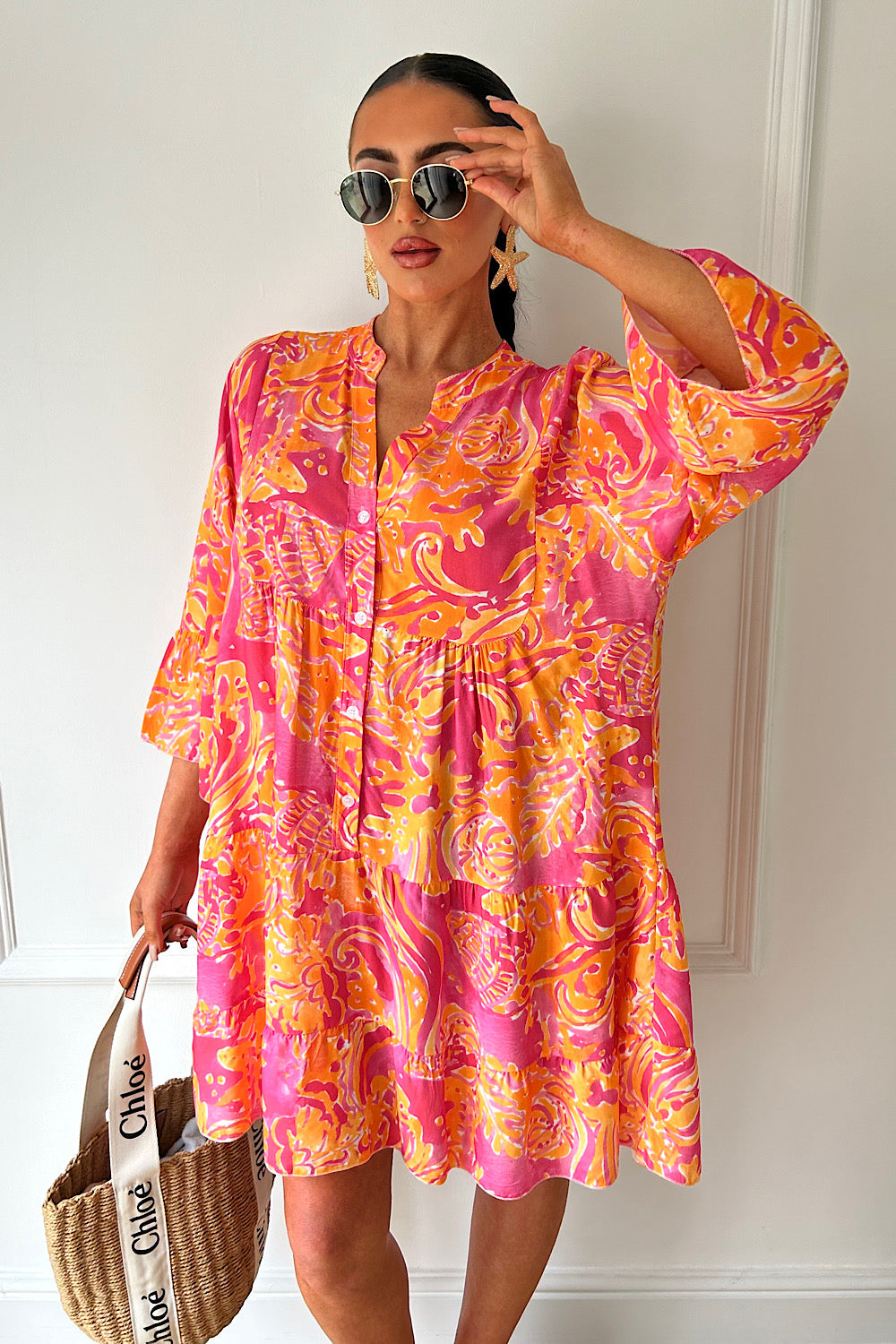 Zuri Pink Tropical Button Smock Dress
