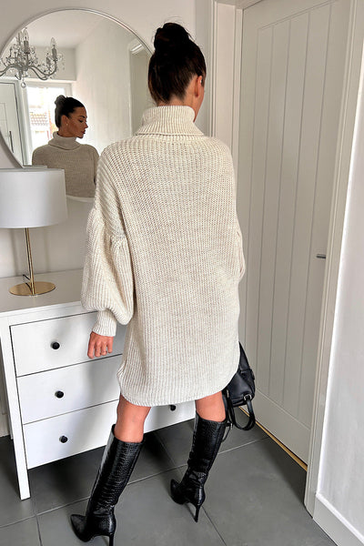 Sienna Beige Balloon Sleeve Jumper Dress