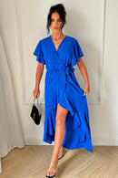 Tyla Royal Blue Chiffon Tie Side Frill Maxi Dress