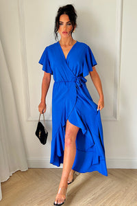 Tyla Royal Blue Chiffon Tie Side Frill Maxi Dress