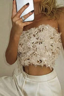 Rosa Beige Sequin Bandeau Crop Top