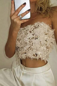 Rosa Beige Sequin Bandeau Crop Top