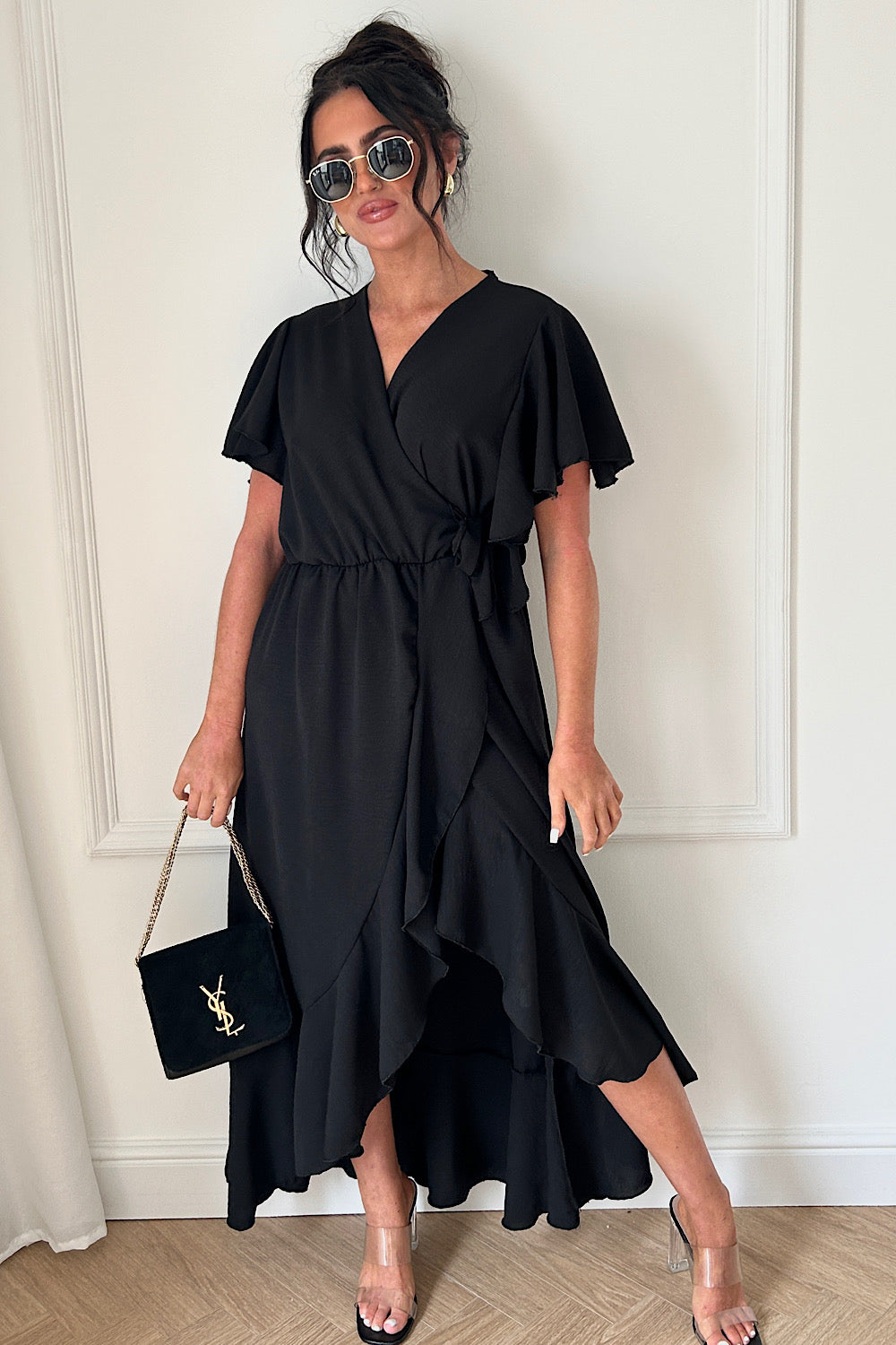 Tyla Black Chiffon Tie Side Frill Maxi Dress