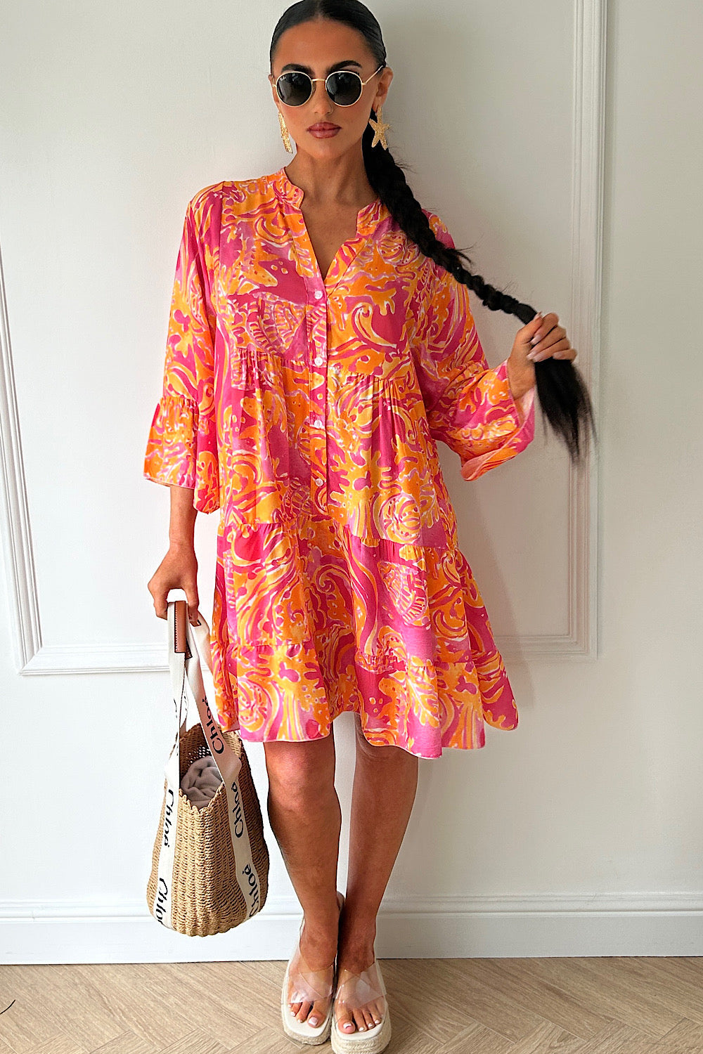 Zuri Pink Tropical Button Smock Dress