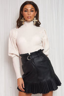 Beige Puff Sleeve High Neck Jumper