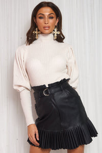 Beige Puff Sleeve High Neck Jumper