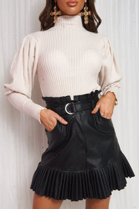 Beige Puff Sleeve High Neck Jumper