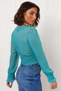 Jade Blue Dobby Long Sleeve Crop Top