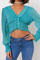 Jade Blue Dobby Long Sleeve Crop Top