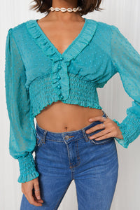 Jade Blue Dobby Long Sleeve Crop Top