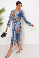 Blue Floral Leopard Print Midi Dress