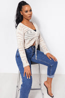 Beige Ruched V Neck Jumper