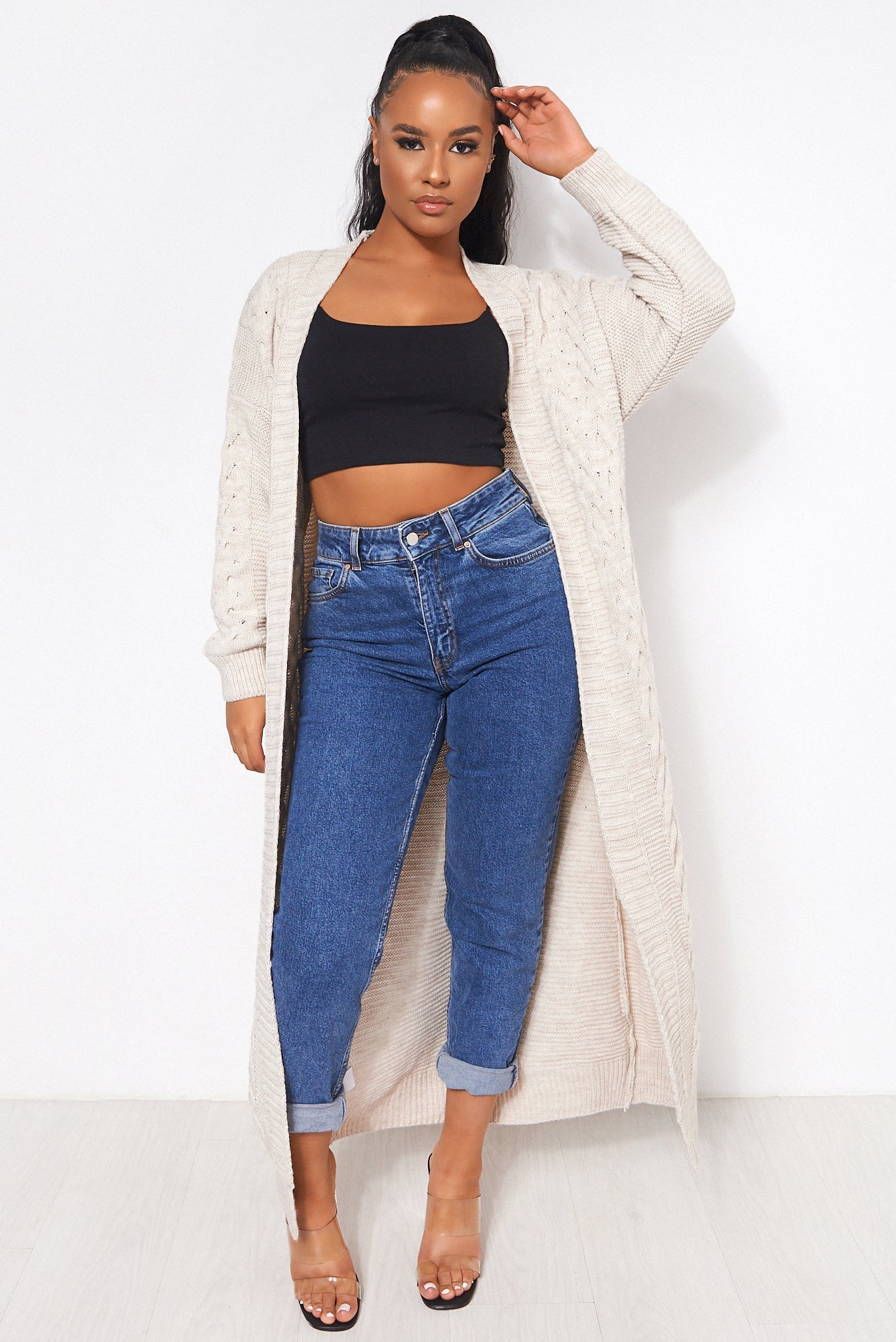 Addie Beige Cable Knit Maxi Cardigan