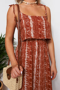 Rust Snake Print Tie Shoulder Beach Maxi Dress
