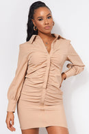 Hayley Beige Ruched Front Shirt Dress