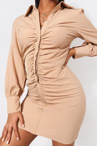 Hayley Beige Ruched Front Shirt Dress